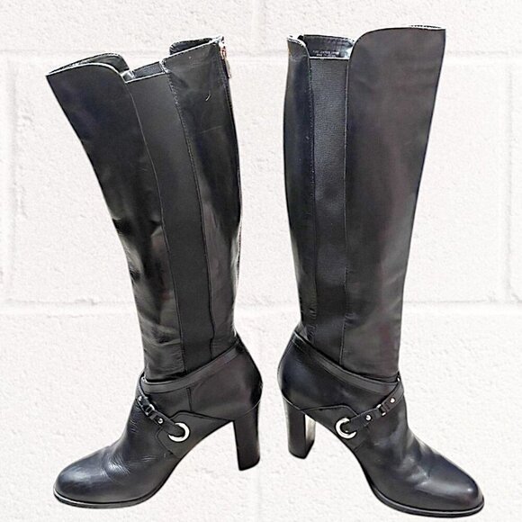 Adrienne Vittadini Tall Black Leather Boots with Buckle Embellishment Size 9 - Picture 4 of 13
